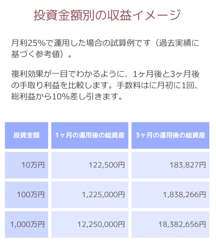 投資金額別の収益を説明する画像